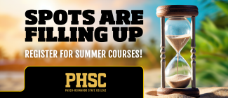 An hourglass sand timer with the following text: Spots are filling up! Register for summer courses!
